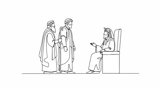 Scene from the Bible with Moses speaking before Pharaoh in the Old Testament. Moses and Aaron approach Pharaoh in royal attire, presenting their message. Concept biblical stories and teachings.