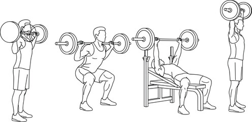 Black and white vector line art of male athletes performing weightlifting exercises including squats, bench press, overhead press, and lunges for fitness training.