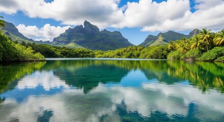 Fototapeta premium Lush Tropical Island Landscape with Reflective Turquoise Waters