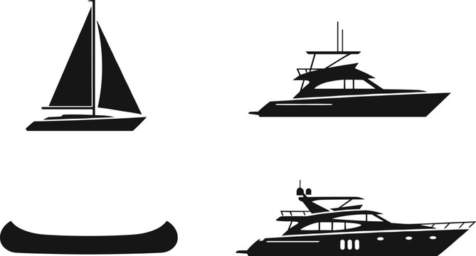 Vector set of black boat silhouettes including luxury yacht sailboat speed boat and canoe isolated on white background for marine design