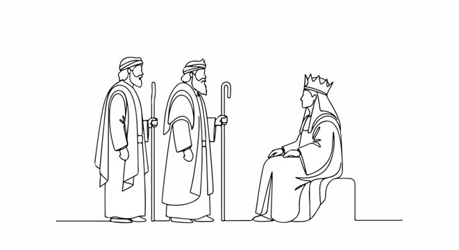 Scene from the Bible featuring Moses and two figures in discussion with a queen. Old Testament moment depicts a significant biblical narrative with emotional tone and historical context.