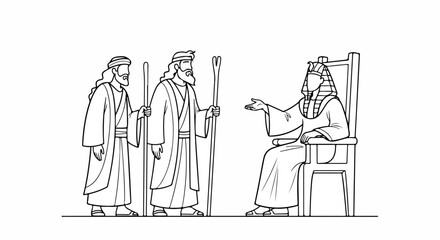 Obraz premium Scene from the Bible depicting Moses speaking to someone of authority while two individuals stand nearby. Old Testament moment captures wisdom and leadership.