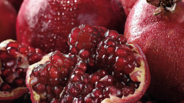 A vibrant and detailed close-up of fresh, ripe pomegranates with one fruit cracked open to reveal glistening, deep red seeds against a rustic wooden surface