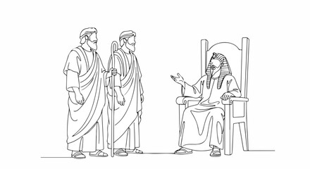 Obraz premium Scene from the Bible with Moses speaking to two figures in conversation. Old Testament depiction of Moses delivering wisdom while seated on a throne.