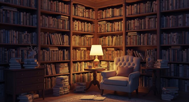 Pixelated Cozy Library Corner with Warm Lighting and Armchair