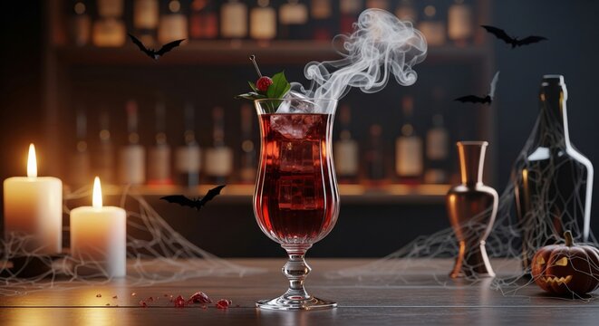 Halloween Cocktail with Smoke and Bats in a Dark Bar