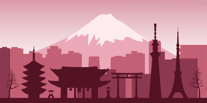 Tokyo skyline silhouette with Mount Fuji, Japan travel illustration