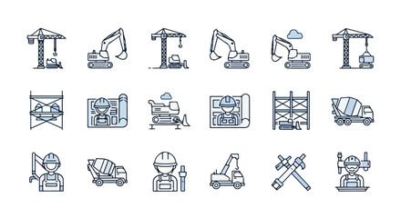 A set of minimalist line icons representing construction site elements, including heavy machinery, blueprints, scaffolding, and skilled workers. © Rayi