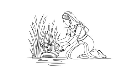 Obraz premium Scene from the Bible featuring Moses in basket among reeds. Woman kneeling by water with basket surrounded by lush vegetation. Symbolic representation of Old Testament story with Moses.