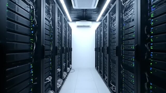 Data Center Server Room Corridor with LED Lighting.