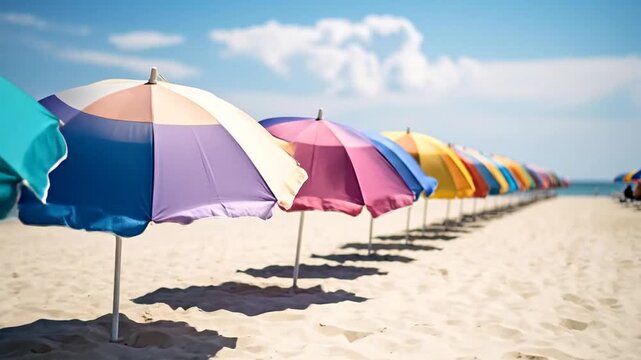 Colorful beach umbrellas stand in a row on a sunny day, creating a vibrant scene.