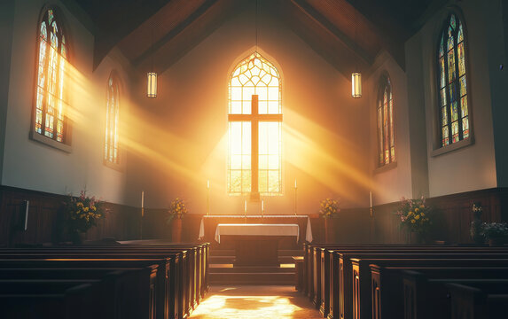 Majestic church interior with golden sunlight streaming through stained glass windows, illuminating a cross and altar in a serene atmosphere