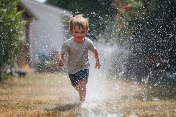 Happy little boy running through garden sprinkler water on a sunny summer day.