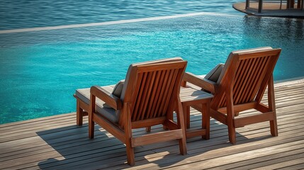 Fototapeta premium Wooden deck chairs near infinity pool under the sun, Perfect place for relaxation and summer vacation