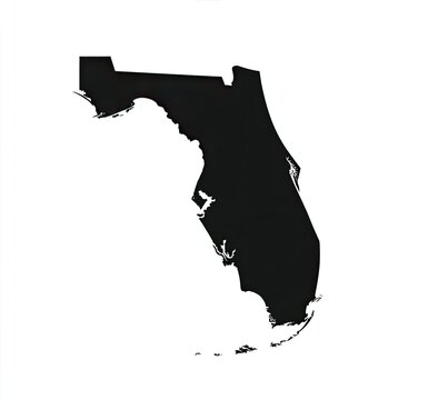 A stark, black silhouette of a state's coastline on a white background