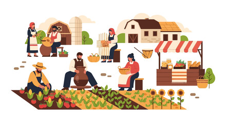 Fototapeta premium Rural Community Life: Farming, Traditional Crafts, Pottery, Weaving, and Local Farmers Market Scene in Flat Vector Illustration