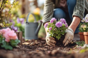 Fototapeta premium Gardener wearing gloves planting pink flowers in soil, surrounded by blooming plants and a watering can in a sunny backyard garden.
