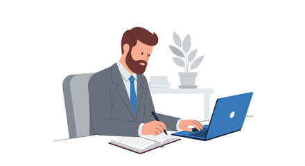 An illustrated bearded man in a grey suit works at a desk, typing on a blue laptop and writing in a notebook.