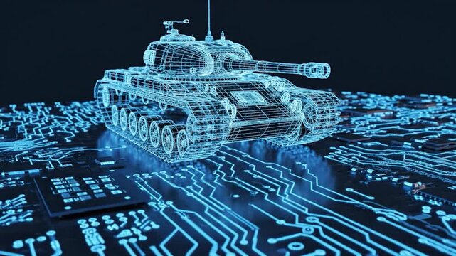 Futuristic tank integrated with advanced circuit board technology.