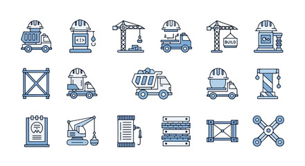 A vector collection of blue and white construction-related icons, depicting heavy machinery, building elements, and digital development symbols. © Rayi