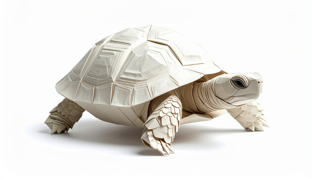 Origami turtle art: Handmade paper folded animal sculpture in minimalist style with geometric shell patterns on a white background