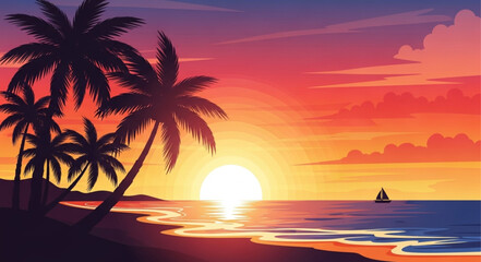 Sunset Over Tropical Beach with Palm Trees.