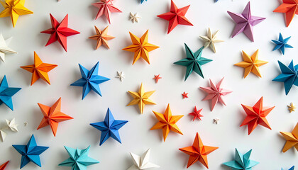 Colorful origami stars arranged on a white background creating a vibrant and festive pattern showcasing paper folding art and creativity