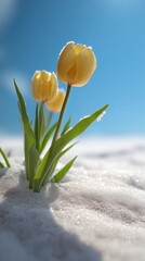 Fototapeta premium Yellow tulips grow through snow under clear sky in spring season