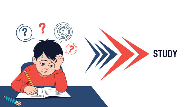 Boy student struggling with his homework and feeling stressed about study, illustrated with question marks and confusing swirl symbols.