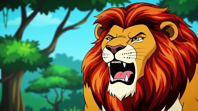Cartoon style fierce lion roars in a bright forest landscape with sunshine filtering through