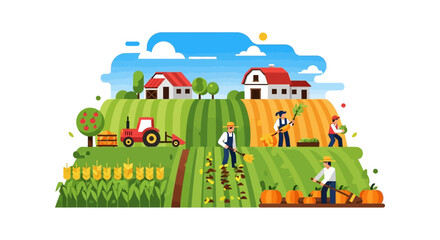 Fototapeta premium Flat Vector Illustration of Farm Harvesting Scene. Farmers Working in Fields with Tractor, Crops, and Rural Barn Houses.