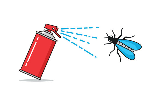 Red spray can spraying insecticide at a blue fly, representing pest control and domestic hygiene solutions for a cleaner and safer home.