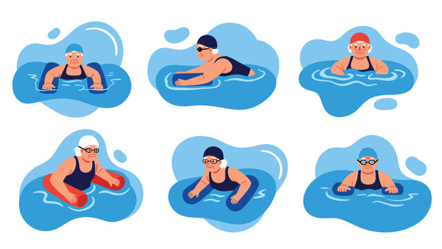 Group of active seniors exercising in a swimming pool with various equipment like kickboards and pool noodles for their physical fitness.