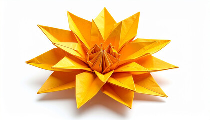 Elegant yellow origami lotus flower with intricate petal folds detailed paper texture and symmetrical design on a clean white background