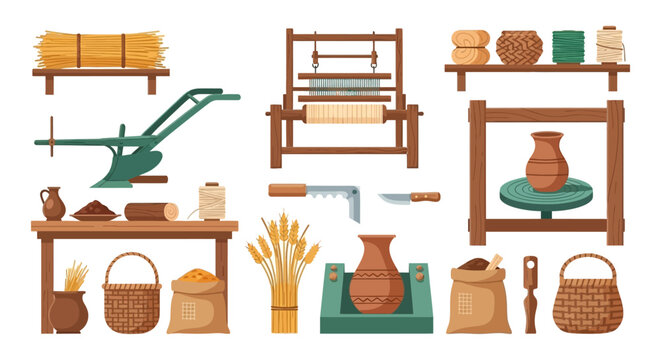 Ancient Traditional Crafts Set: Flat vector icons of farming tools (plow, wheat), weaving loom, and handmade pottery supplies.