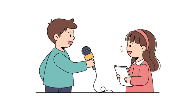 Young boy holding a microphone and conducting an interview with a girl holding a script or book against a plain white background.
