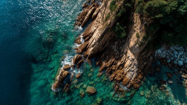 Aerial view of a rocky coastline meeting the turquoise ocean and crystal clear waters, showing a stunning natural landscape