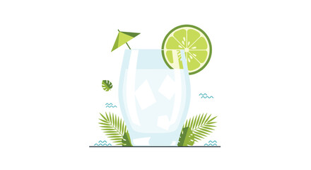 Obraz premium A minimalist illustration of a refreshing glass drink with lime and palm leaves.