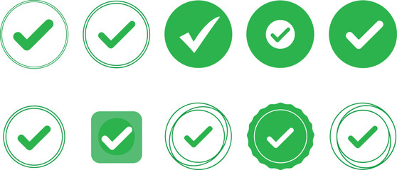 Green Check Mark Icon Set with Tick Symbols in Circle and Badge Shapes for Approval, Verified Status, Completed Tasks, and User Interface Design © MDSOBUJ