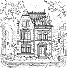 Obraz premium Vintage pencil sketch illustration of an old European city street featuring historic architecture, a cathedral tower, and traditional houses in a classic Paris travel design vector