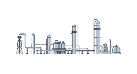 Naklejka premium A minimalist line-art illustration of an industrial oil refinery complex.