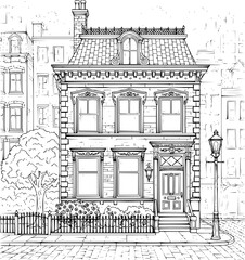 Obraz premium Vintage vector illustration of a travel landmark featuring a hand drawn sketch of the old town of Gdansk Poland with historic European architecture and a cathedral tower