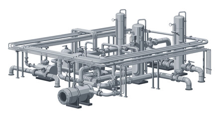 An isometric illustration of a complex industrial piping system with pumps.