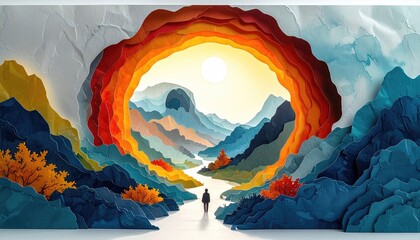 Fototapeta premium Surreal vibrant landscape with fiery portal and lone traveler on path.