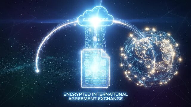 Encrypted international agreement exchange cloud transfer of secure document between global network nodes and cloud node transferring secured digital document with blockchain blocks glowing network