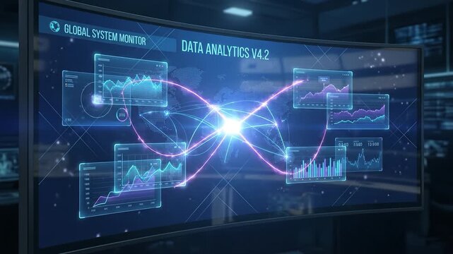 Data analytics dashboard showing interconnected charts and glowing data streams with line graph and bar chart, global network visualization, world map overlay, interactive dashboard, stream