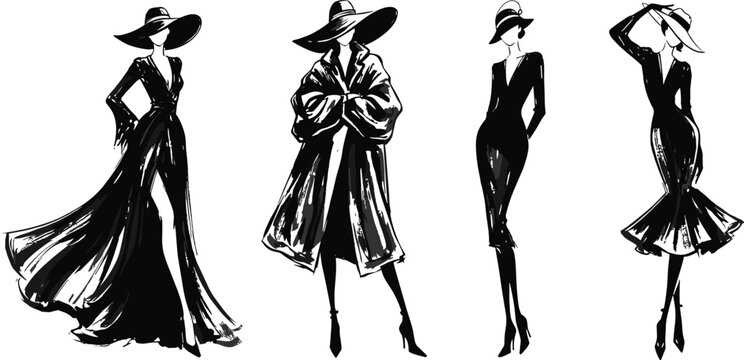 Hand drawn black vector silhouettes of high fashion models wearing elegant hats and luxury gowns for editorial style design layouts.