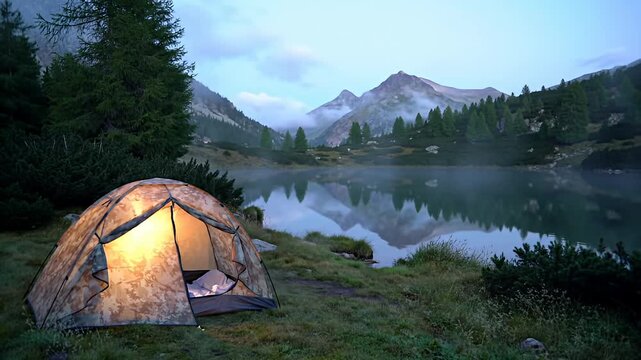 A lit tent sits lakeside as fog lingers at mountain base in dusk setting