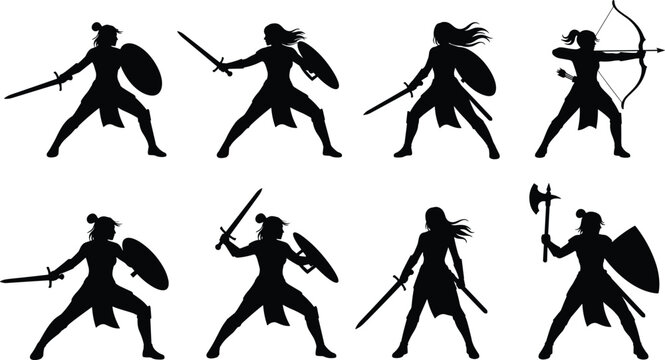Set of black silhouettes featuring a female warrior with sword shield bow and axe in various dynamic battle poses isolated on white