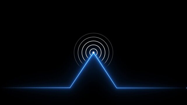 Glowing neon line animated by radio wave animation on a black screen background. Radio wave tower connective network and signal waves. Radio waves signal animation.